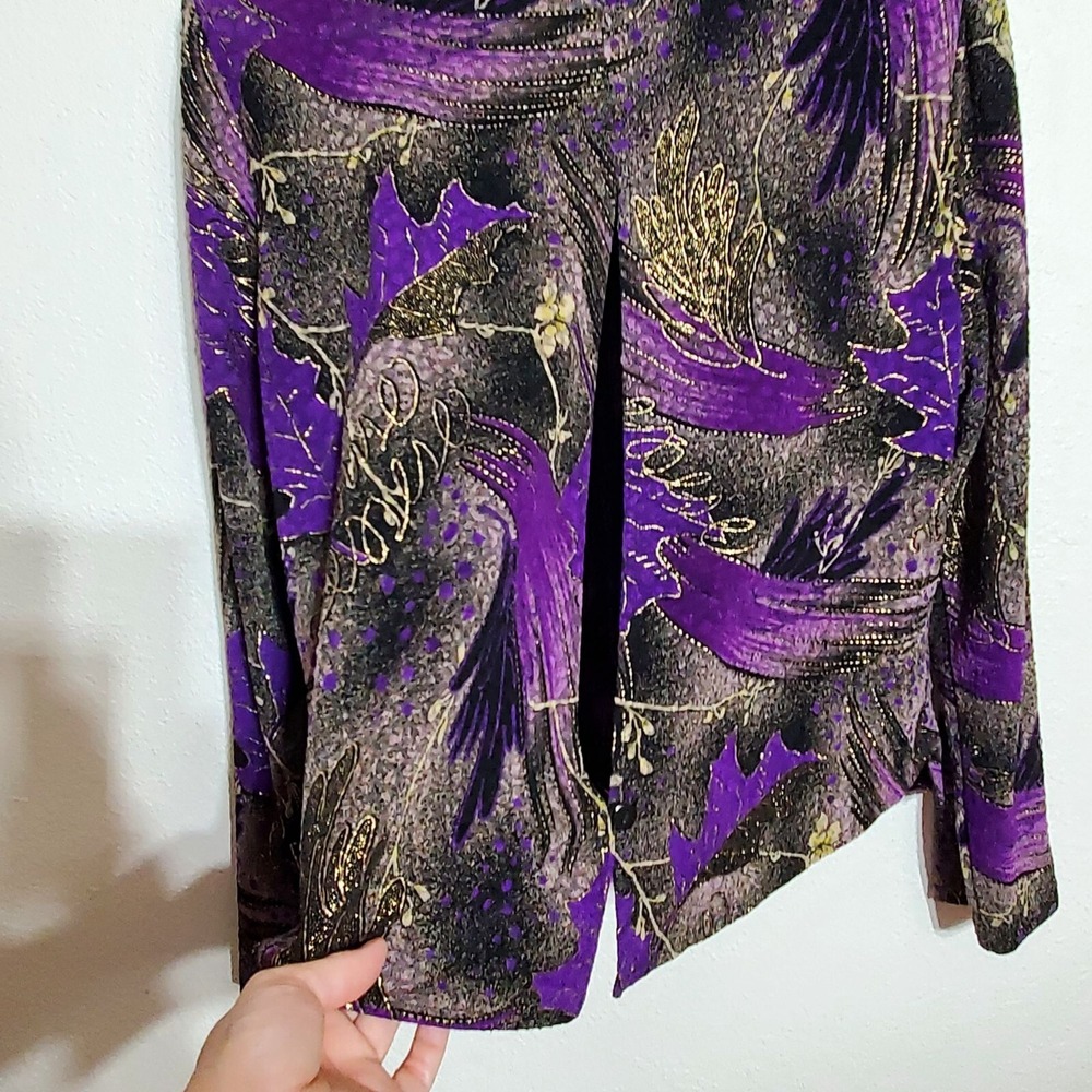 K Studio Collection Womens  Size 12 Long Sleeve Button Blouse Purple Black Gold - Picture 6 of 11